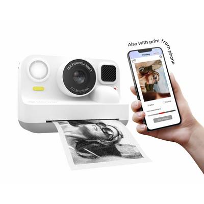 Ein tragbarer Fotodrucker druckt ein Porträt, während eine Telefon-App den Text „Drucken läuft" und „Auch Druck vom Telefon möglich" anzeigt.