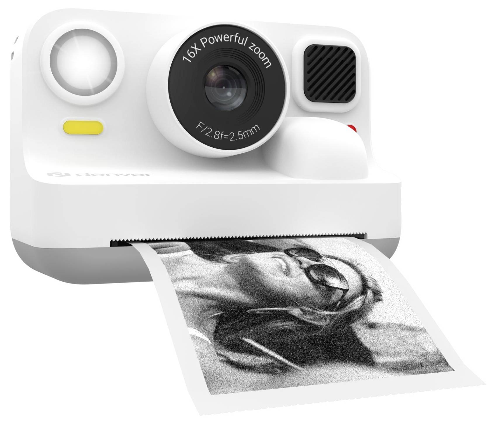 Eine weiße Sofortbildkamera druckt ein Schwarzweiß-Foto einer Person mit Brille, auf dem das Objektiv mit "16X Powerful Zoom" beschriftet ist.
