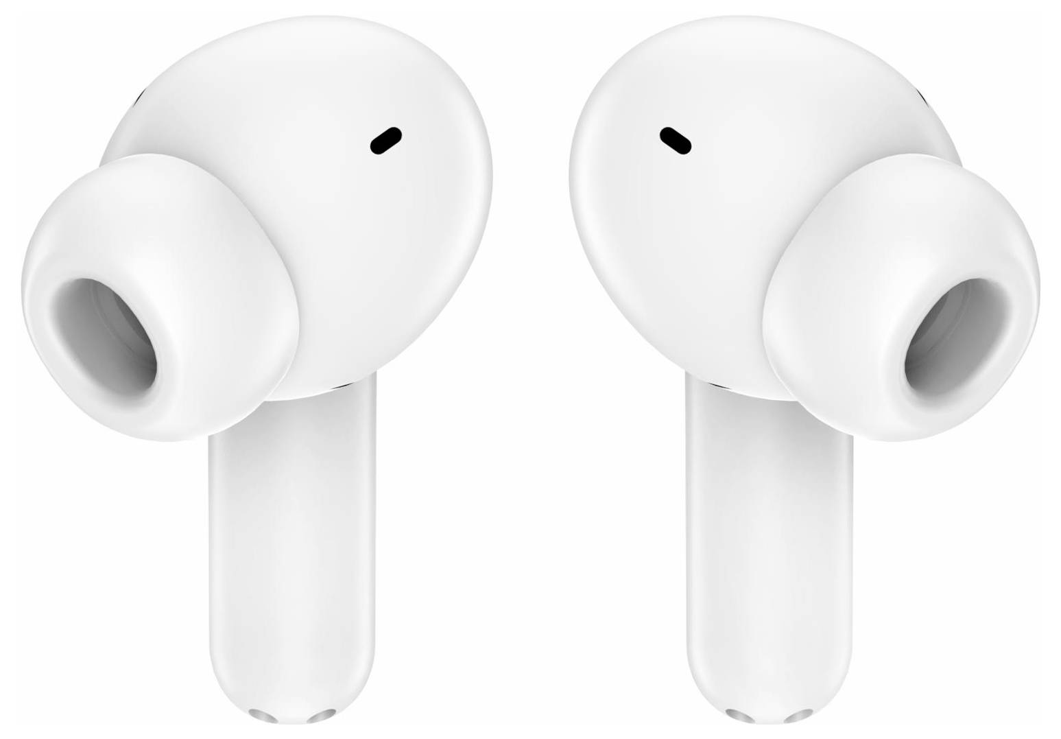 Zwei weiße kabellose Ohrhörer nebeneinander auf weißem Hintergrund dargestellt, mit In-Ear-Spitzen und kurzen Stielen.