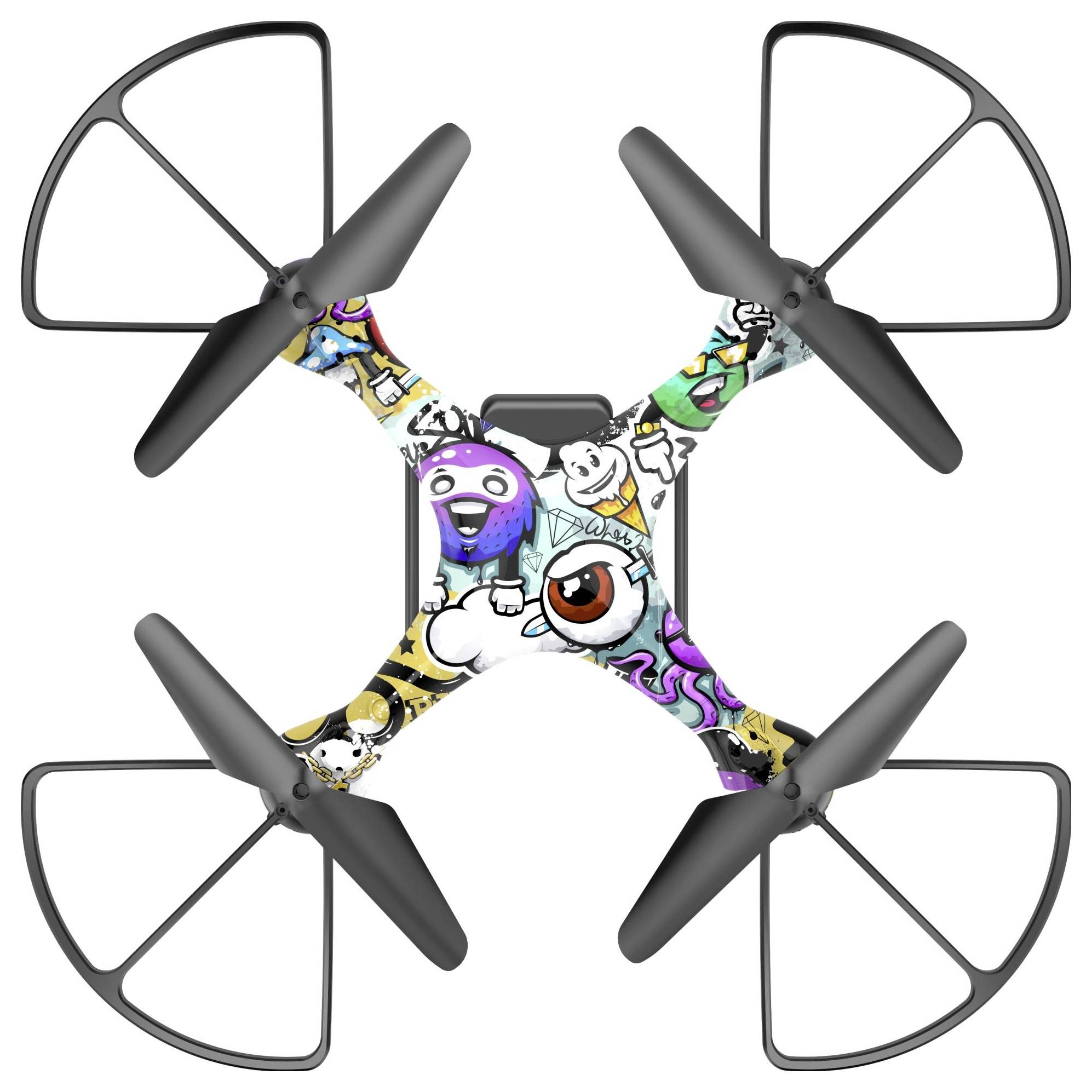 Draufsicht auf eine farbenfrohe Vier-Rotor-Drohne mit Propellerschutzvorrichtungen und Cartoon-Grafiken auf dem Gehäuse.