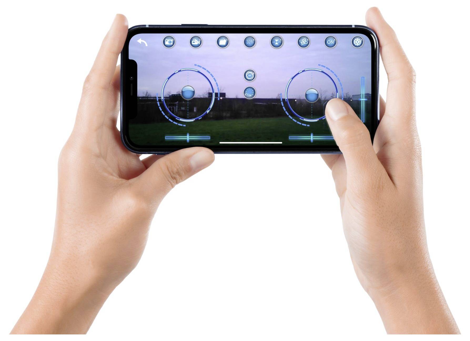 Hände halten ein Smartphone in Querformat, das eine blaue Augmented-Reality-Spiel- oder Steueroberfläche mit kreisförmigen Zielscheiben und kleinen Symbolen anzeigt.