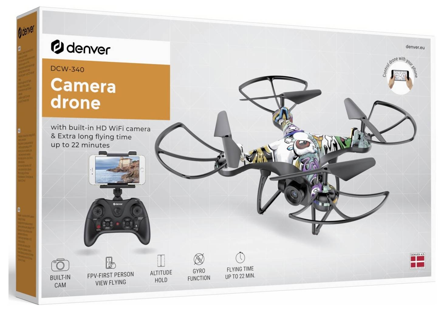 Verpackung für eine Denver DCW-340 Kameradrohne mit integrierter HD-Wi-Fi-Kamera, Controllerabbildung und Funktionssymbolen einschließlich 22 Minuten Flugzeit.