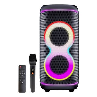 Tragbarer Bluetooth-Lautsprecher mit farbigen LED-Ringlichtern, einem kabellosen Mikrofon und einer daneben abgebildeten Fernbedienung.