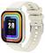 Cremefarbene Smartwatch mit regenbogenfarbig eingefasstem quadratischem Display, das „THU 08", „20 09", Schrittanzahl 262, Uhrzeit 10:24 und Herzfrequenz 22500 anzeigt.