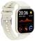 Beige Smartwatch zeigt 20:36 an, Montag 08/09, sonnig 20°/35°, mit Herzfrequenz-Diagramm und Fitnessstats auf dem Bildschirm.