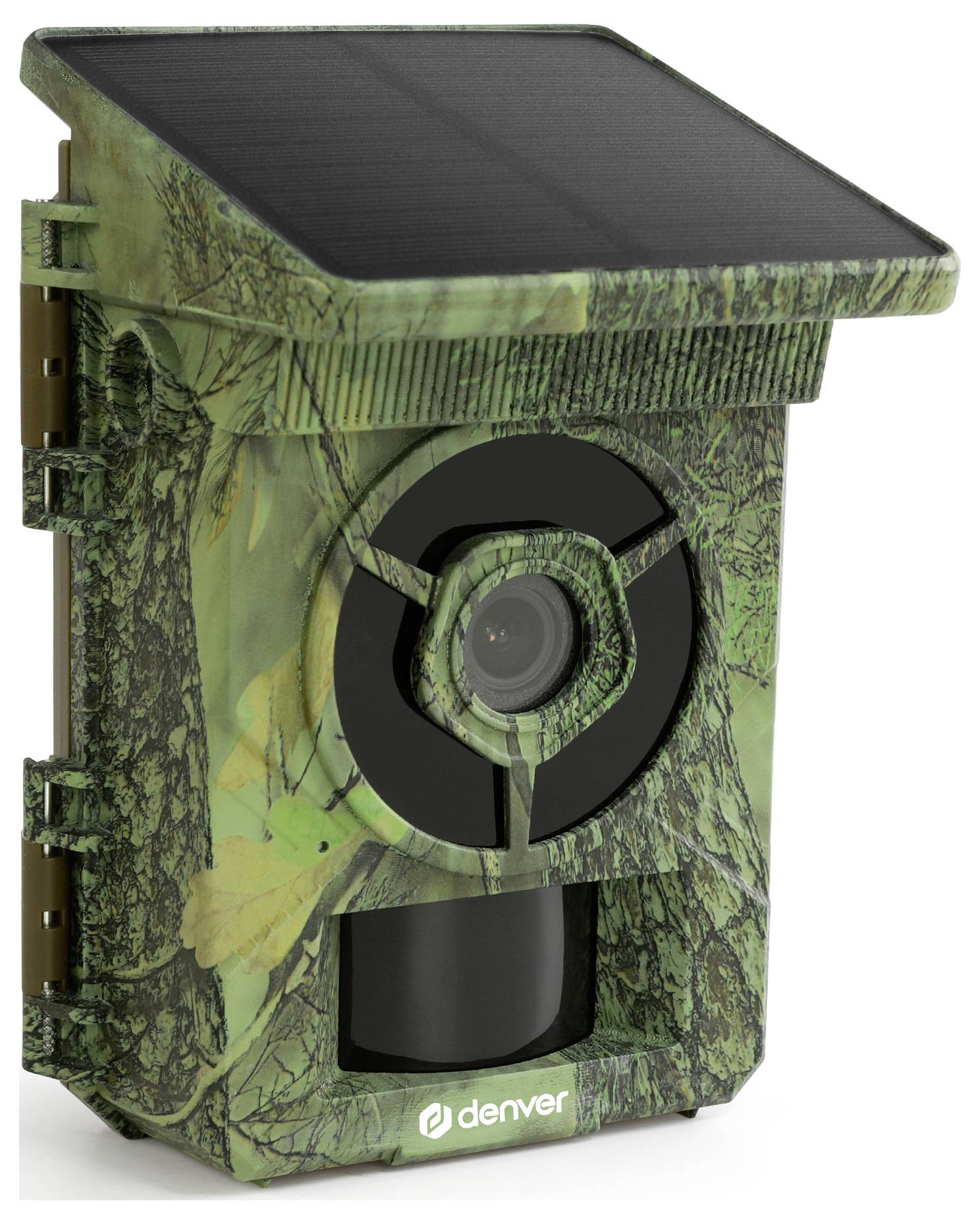 Getarnte Outdoor-Wildkamera mit Solarpanel oben und Linsenöffnung vorne, Marke Denver.