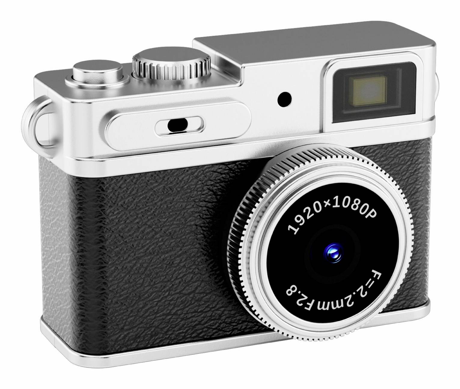 Digitalkamera im Vintage-Stil mit kompaktem Design, schwarzem strukturiertem Gehäuse, silbernem Deckel und großem Frontobjectiv mit Beschriftung "1920x1080P" und "2,2mm F2.8".