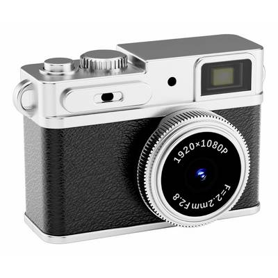 Digitalkamera im Vintage-Stil mit kompaktem Design, schwarzem strukturiertem Gehäuse, silbernem Deckel und großem Frontobjectiv mit Beschriftung "1920x1080P" und "2,2mm F2.8".