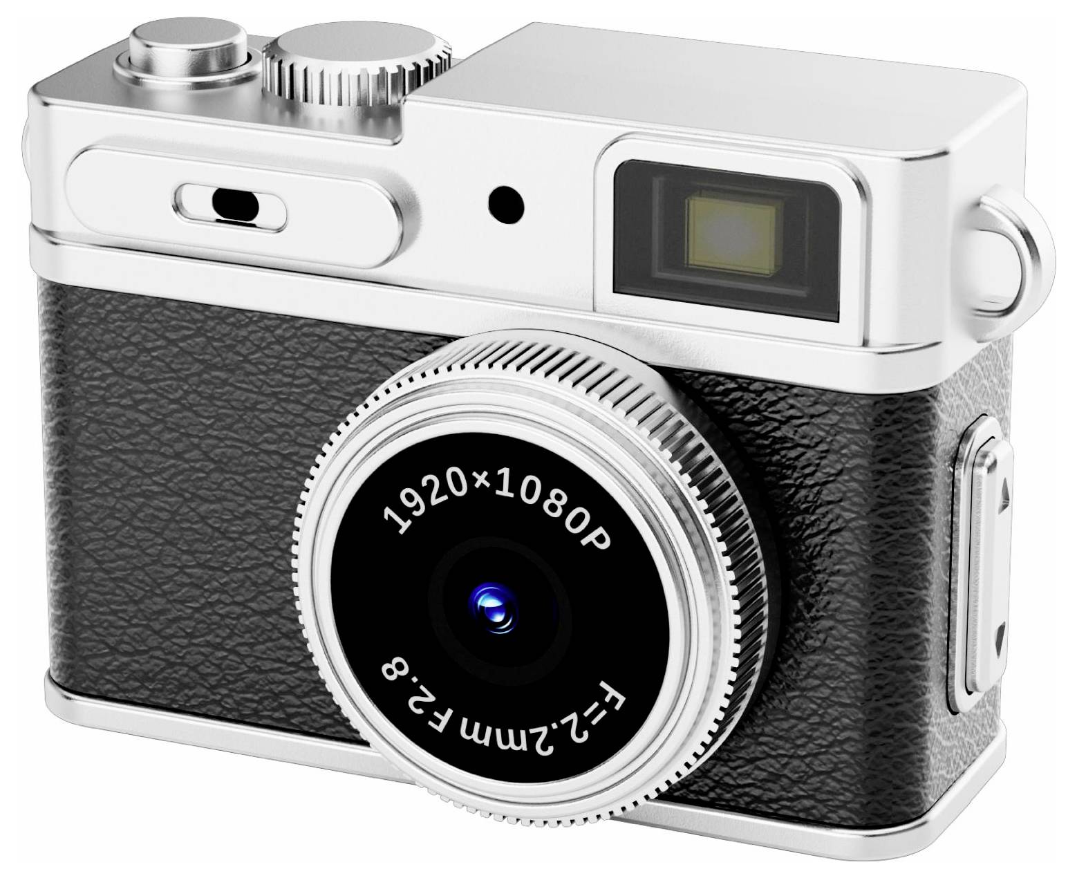 Retro-Kamera mit silbernem Dach und strukturiertem schwarzem Gehäuse, mit Objektiv beschriftet mit „1920x1080P" und „f=2,2mm F2,8".
