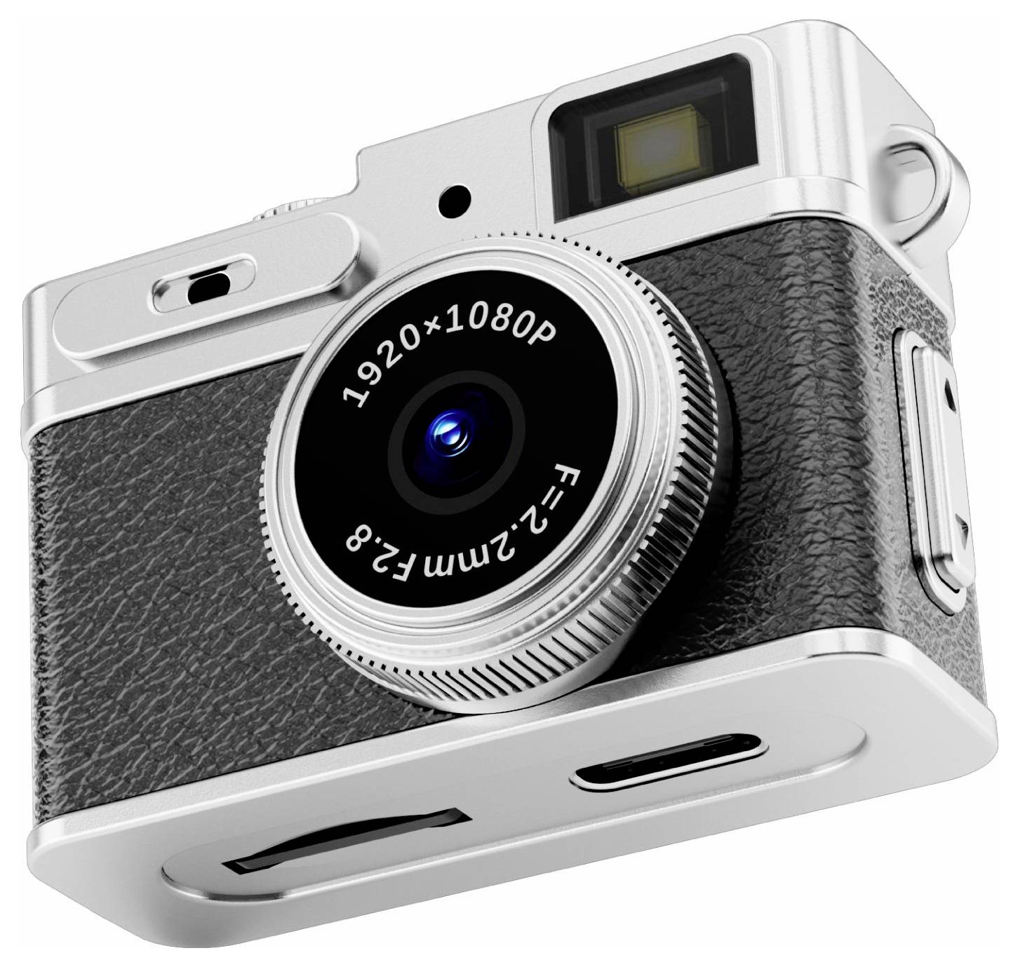 Kompakte Digitalkamera im Retro-Stil mit schwarzem strukturiertem Gehäuse, silbernem Zierrat und Objektiv mit Beschriftung „1920x1080P" und „f=2,2mm F2.8".
