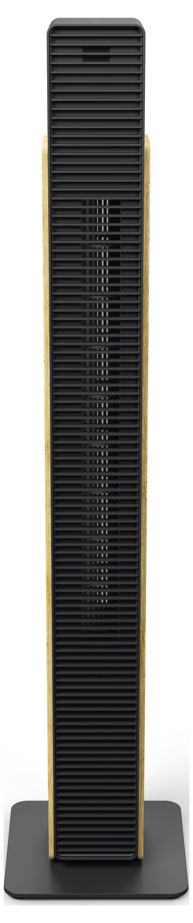 Hochleistungs-Turmventilator mit schmalem vertikalem Gitter, der auf einer quadratischen Basis vor weißem Hintergrund steht.
