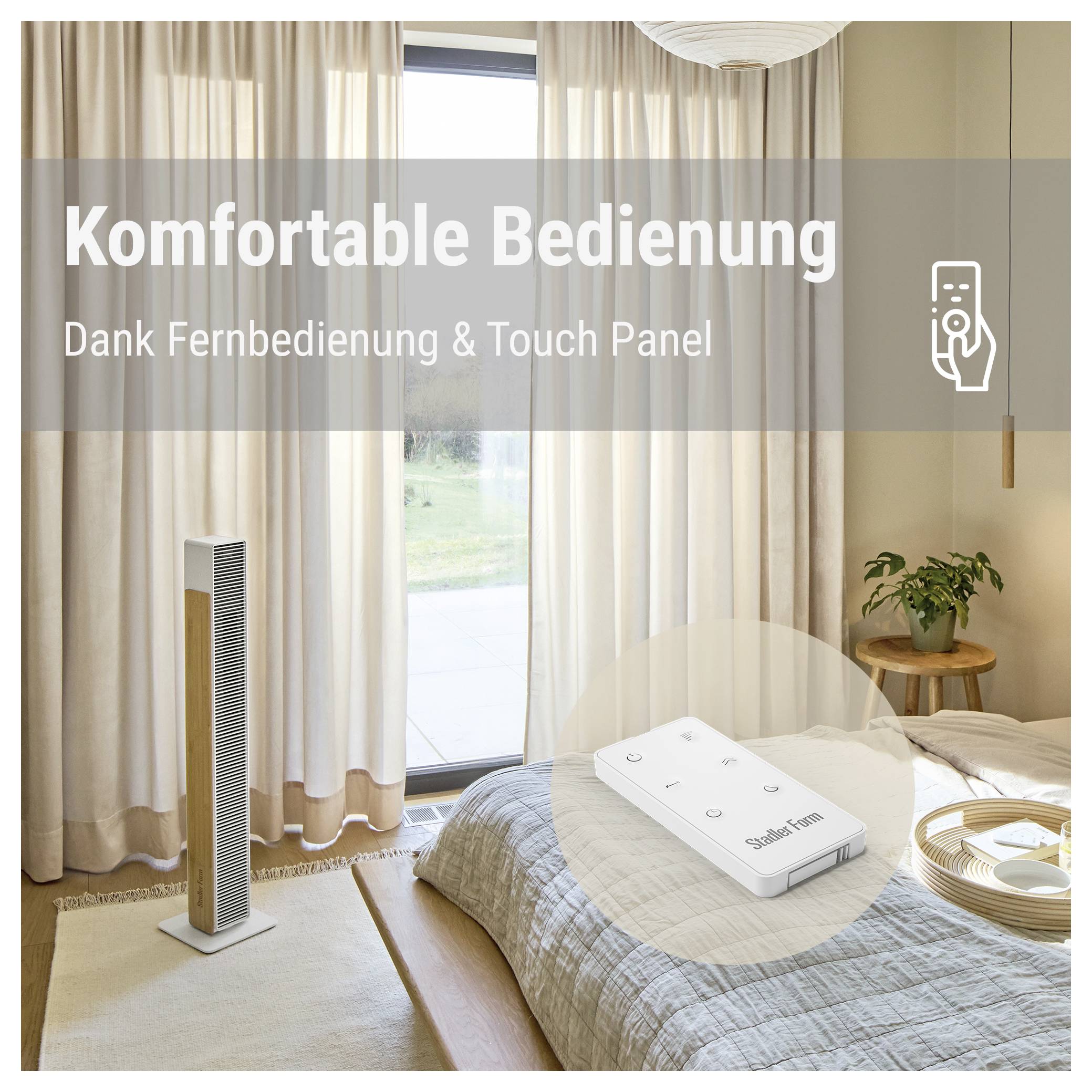 Werbung für einen Heizlüfter im Schlafzimmer; Text: 'Komfortable Bedienung' und 'Dank Fernbedienung & Touch Panel', daneben Fernbedienung auf dem Bett.<br>