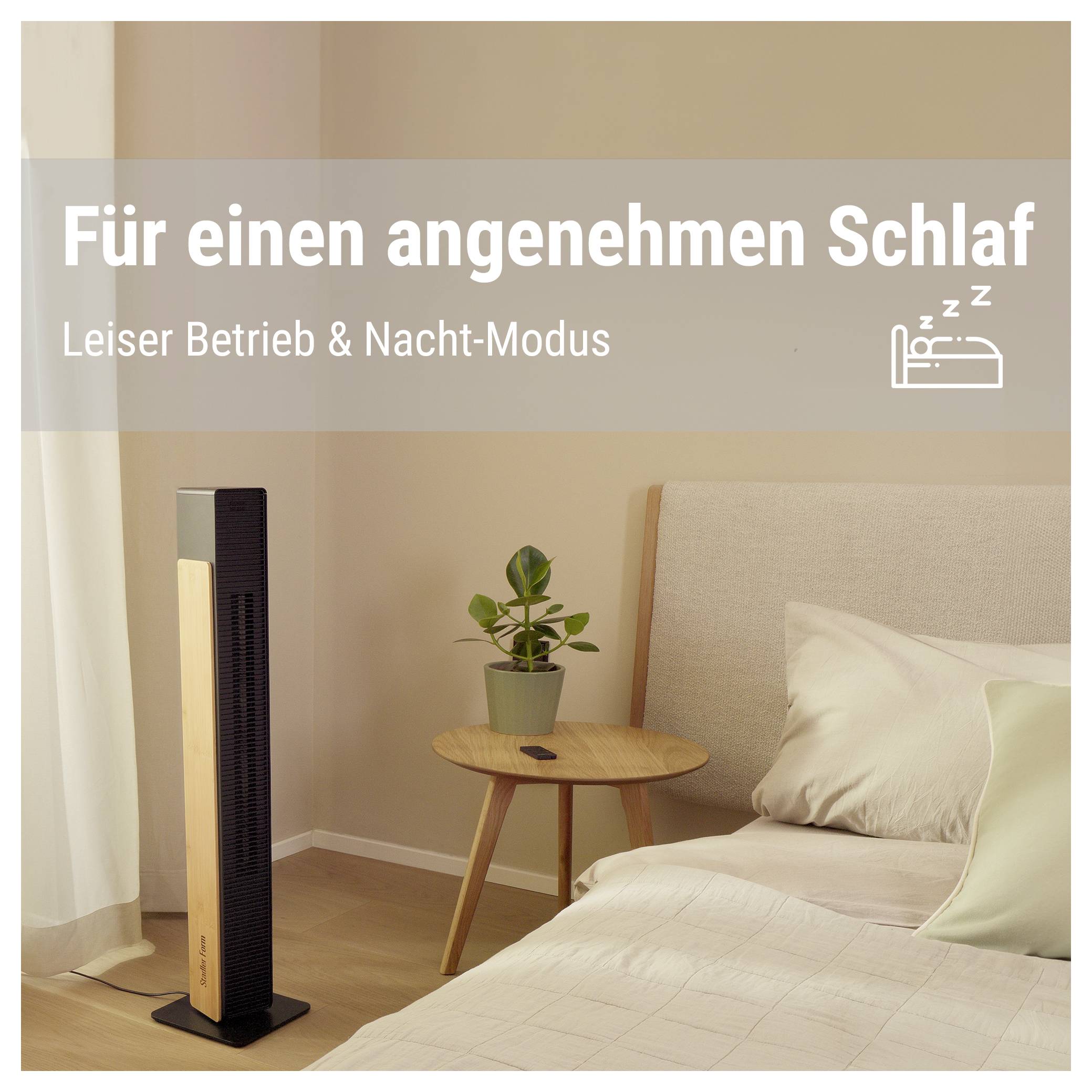 Standventilator im Schlafzimmer mit Text 'Für einen angenehmen Schlaf' und 'Leiser Betrieb & Nacht-Modus'; zeigt leisen Nachtbetrieb neben dem Bett.