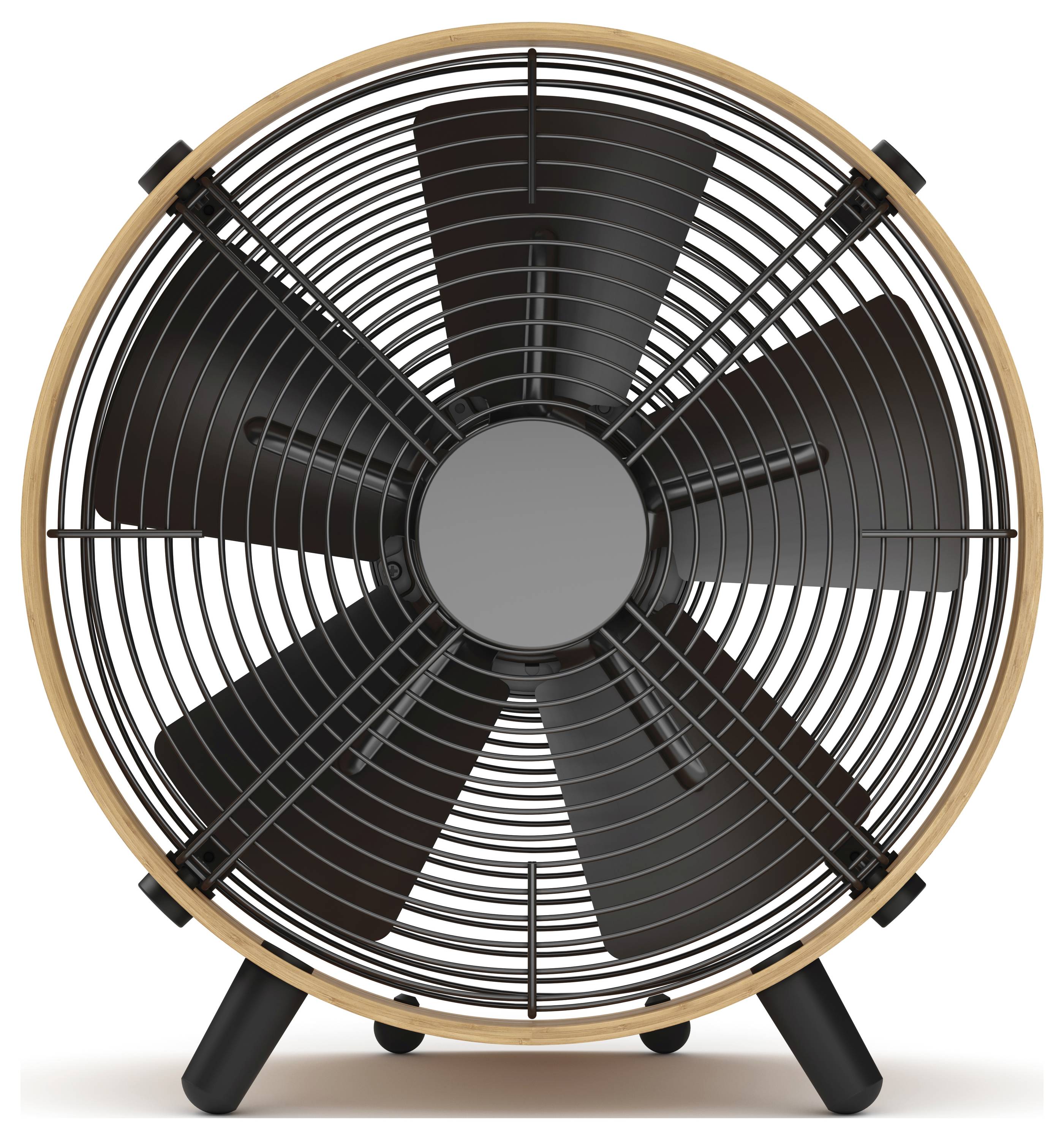 Vorderansicht eines schwarzen Tischventilators mit rundem Holzrahmen, vier Blättern und gewinkelt schwarzen Beinen auf weißem Hintergrund.