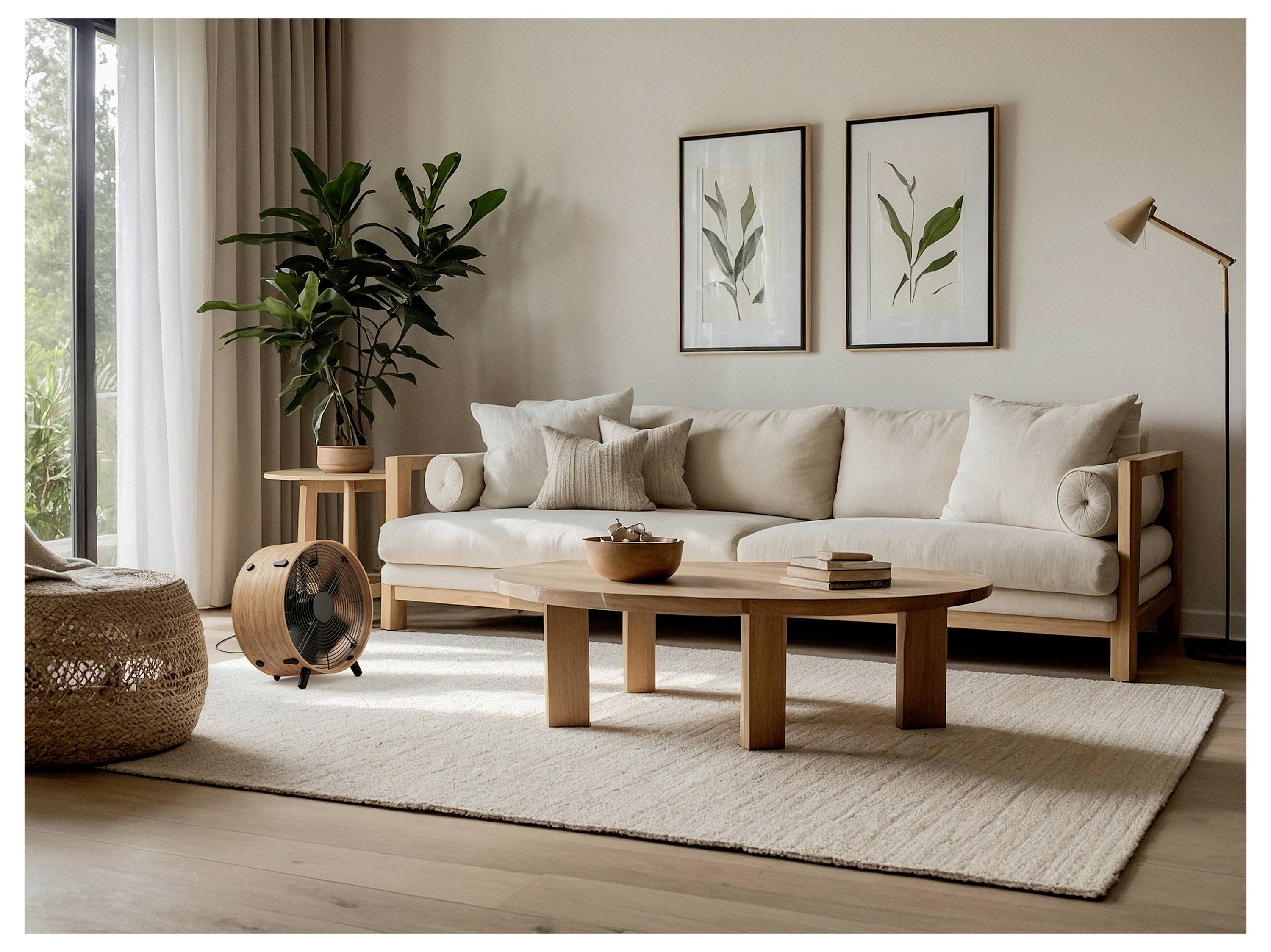Helles, minimalistisches Wohnzimmer mit beigem Sofa, hölzernem Couchtisch, Topfpflanze, Stehleuchte, gerahmter Blattkunst und großem Teppich.