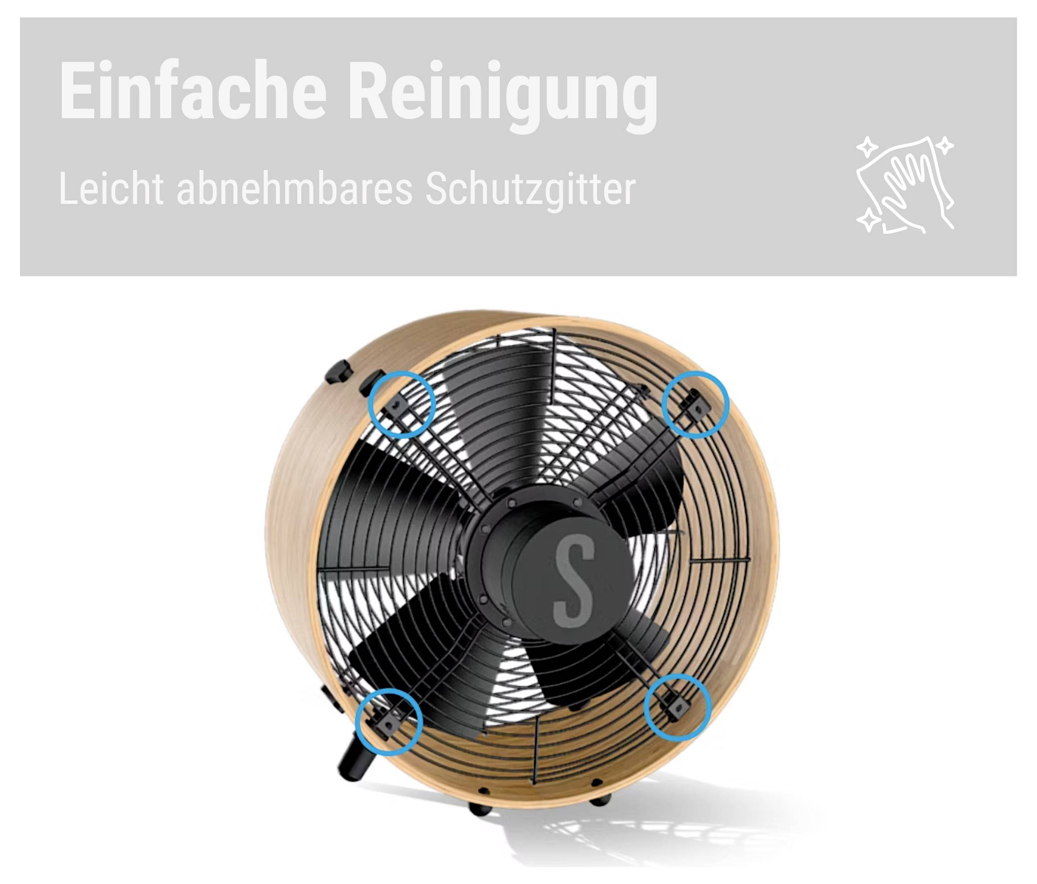 Ventilator mit leicht abnehmbarem Schutzgitter; vier markierte Befestigungspunkte zeigen die einfache Reinigung.