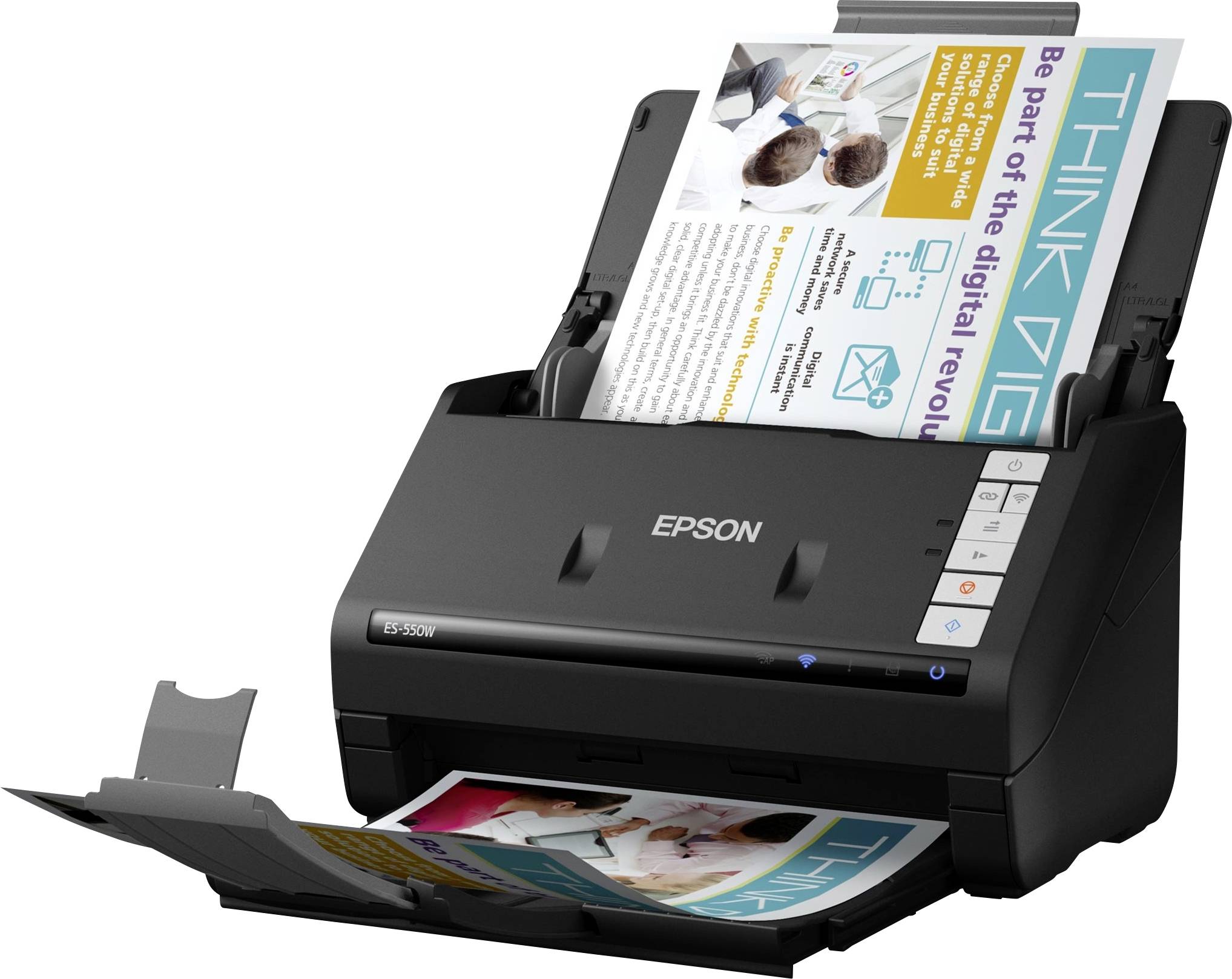 Epson-Scanner-Drucker mit Dokumenteneinzug und Ausgabefach, der aktiv eine Broschürenseite mit dem Titel "THINK BIG" scannt und druckt.
