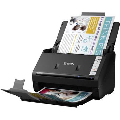 Epson-Scanner-Drucker mit Dokumenteneinzug und Ausgabefach, der aktiv eine Broschürenseite mit dem Titel "THINK BIG" scannt und druckt.