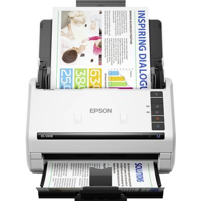 Epson Scanner-Drucker führt eine Broschüre von oben ein und gibt eine gescannte Seite aus, zeigt den Dokumentdigitalisierungs- und Druckablauf.