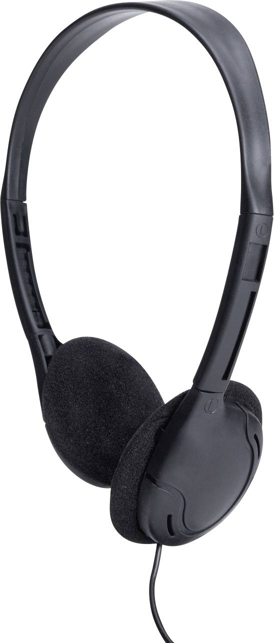 Schwarze kabelgebundene Over-Ear-Kopfhörer mit gebogenem Kopfbügel und Schaumstoff-Ohrpolstern, gezeigt auf weißem Hintergrund.