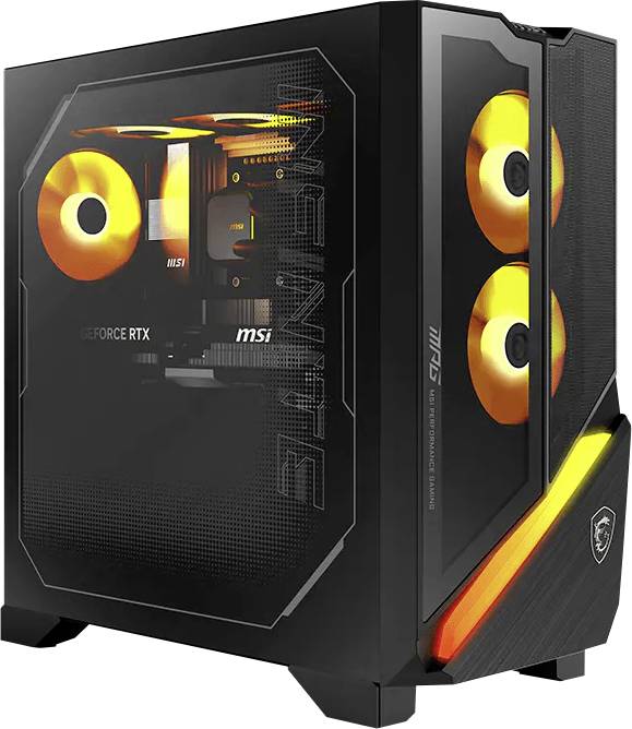 MSI Gaming-Desktoptower mit gehärtetem Glasseitenpanel, orange beleuchteten Lüftern und GeForce RTX-Grafikbranding.