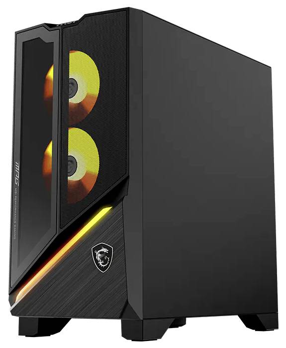 Schwarzer Gaming-PC-Tower mit Seitenfenster, das zwei RGB-beleuchtete Lüfter zeigt, und orangefarbener Akzentbeleuchtung auf der Frontblende.