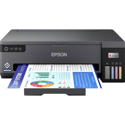Schwarzer Epson EcoTank Drucker, der eine farbige Seite mit Diagrammen und Text druckt und dabei Tintentanks auf der rechten Seite und Papierausgabe an der Vorderseite zeigt.