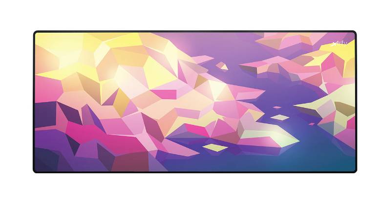 Abstrakte geometrische Illustration von bunten Low-Poly-Formen in Rosa, Gelb, Lila und Blau innerhalb eines rechteckigen Rahmens.