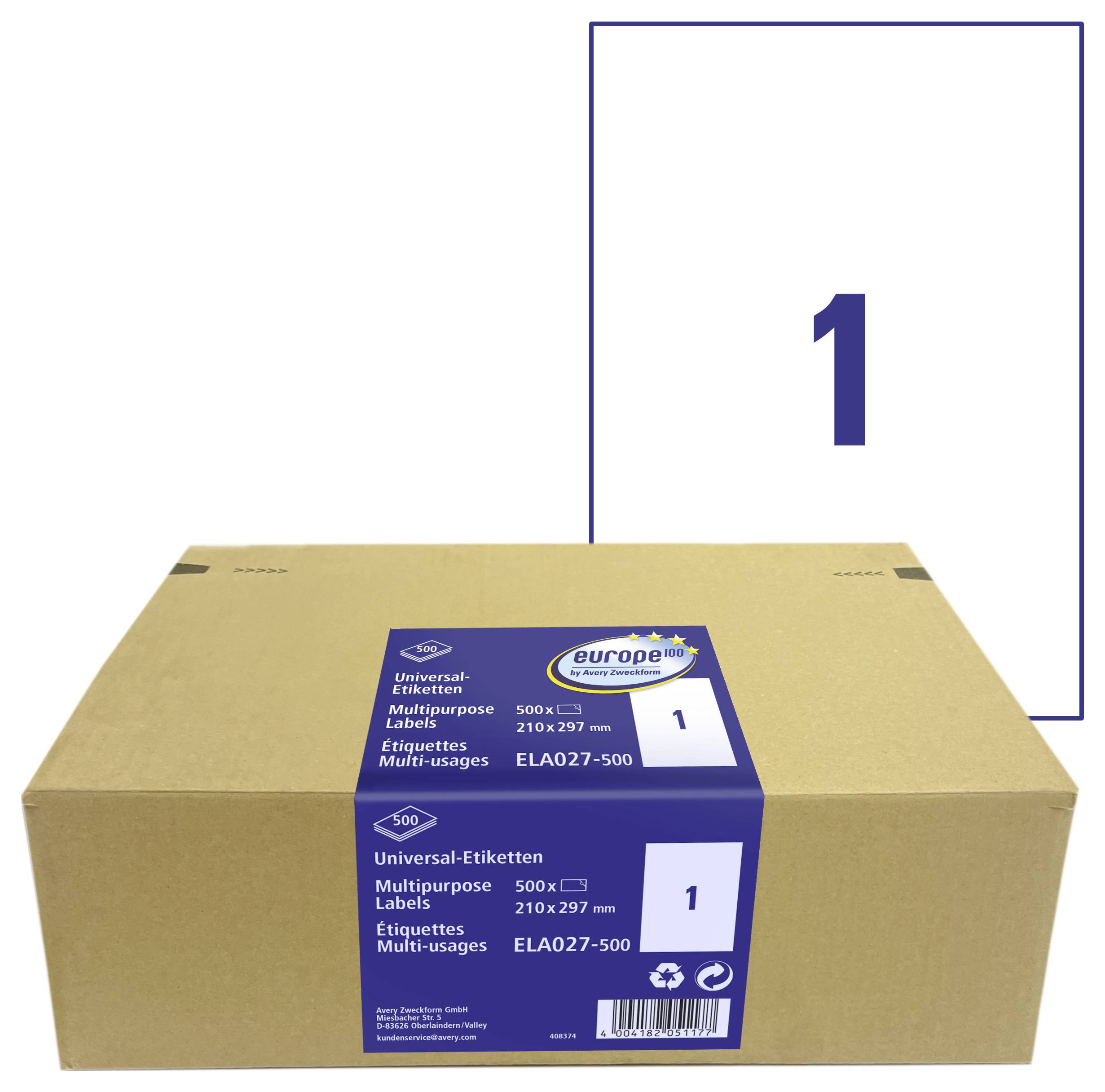 Packung mit Universal-Etiketten Universaletiketten, Größe 210 x 297 mm, mit einer großen "1" auf der Verpackung und im Hintergrund angezeigt.