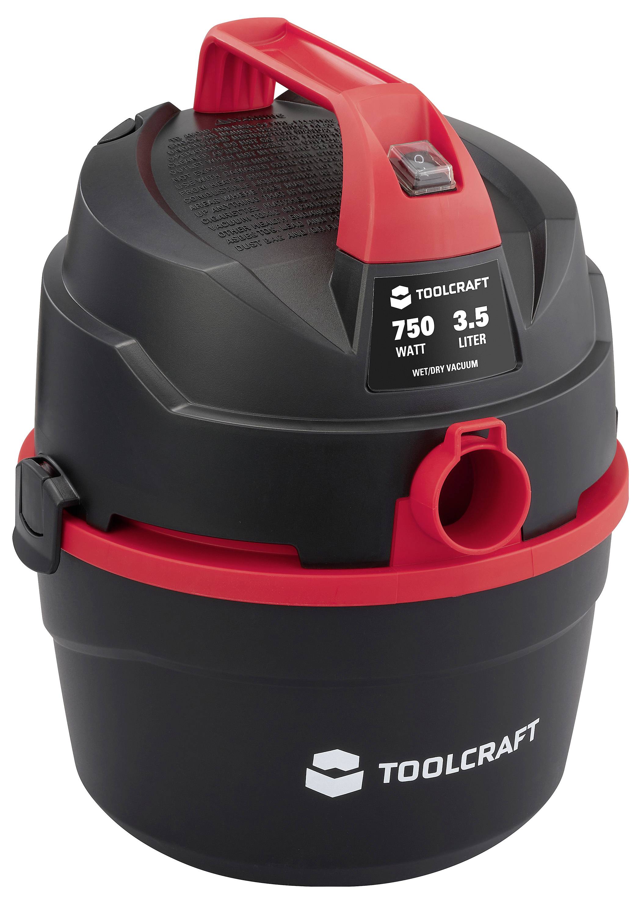 Toolcraft Nass-/Trockenstaubsauger, schwarz und rot, mit Beschriftung 750 Watt und 3,5 Liter.