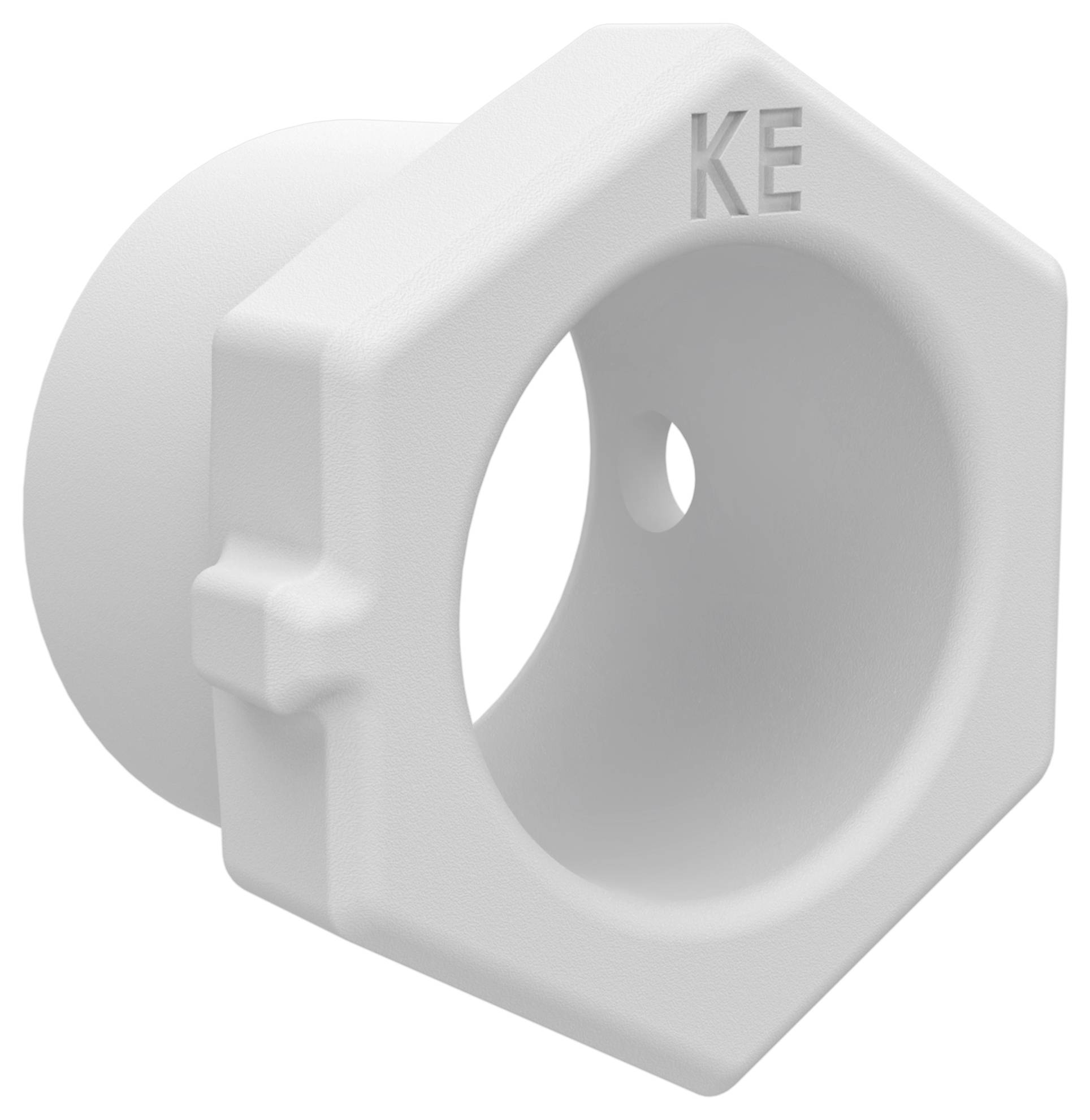 Weiße kunststoff-wandmontierte Steckdosenschale mit großer kreisförmiger Öffnung und „KE"-Schriftzug auf der Vorderseite.