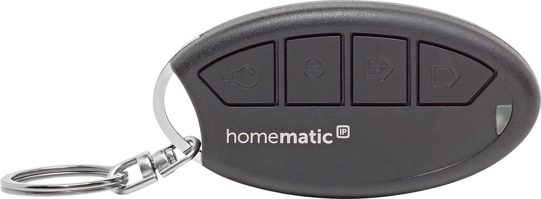 Schwarze Homematic IP Funkfernbedienung mit vier dreieckigen Tasten und Schlüsselring.