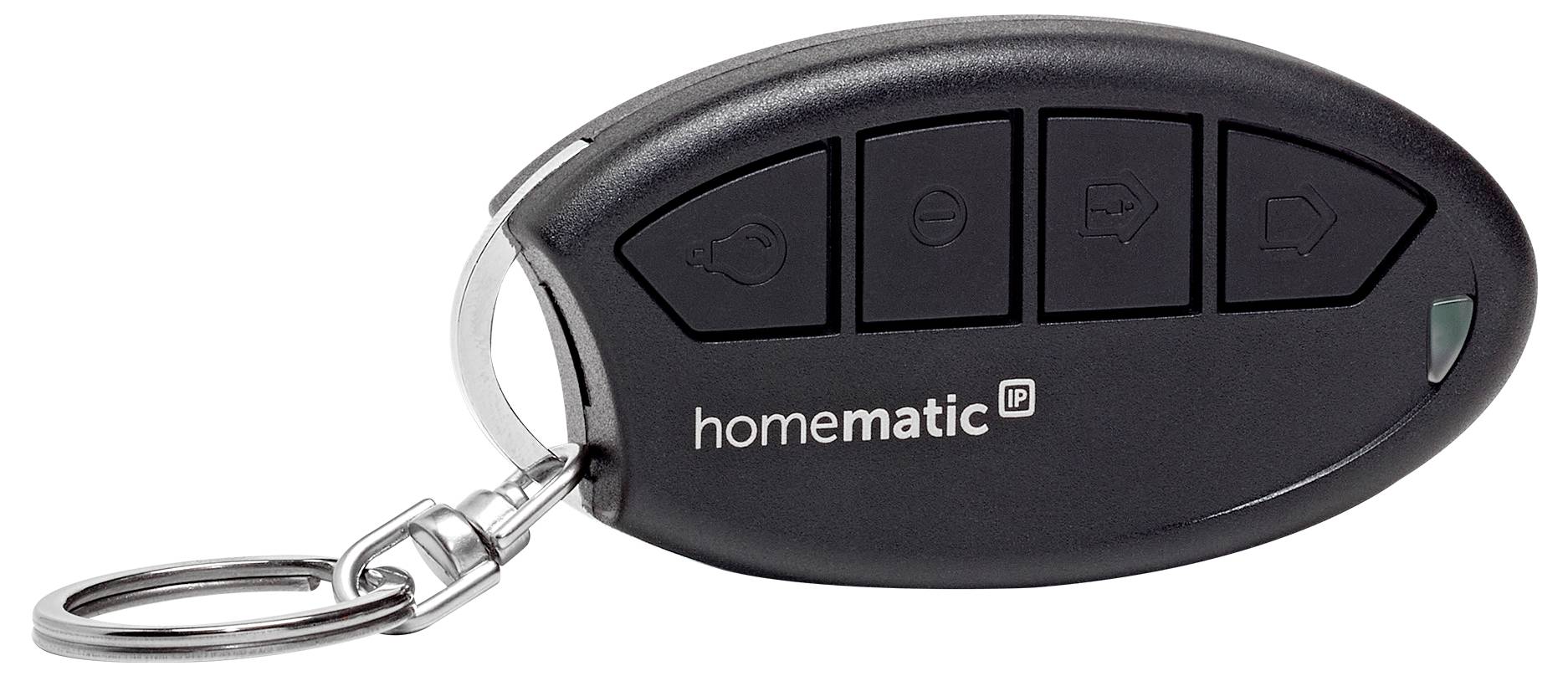 Schwarze Homematic-Funkfernbedienung mit vier Tasten und angebrachtem Schlüsselring, dargestellt auf weißem Hintergrund.