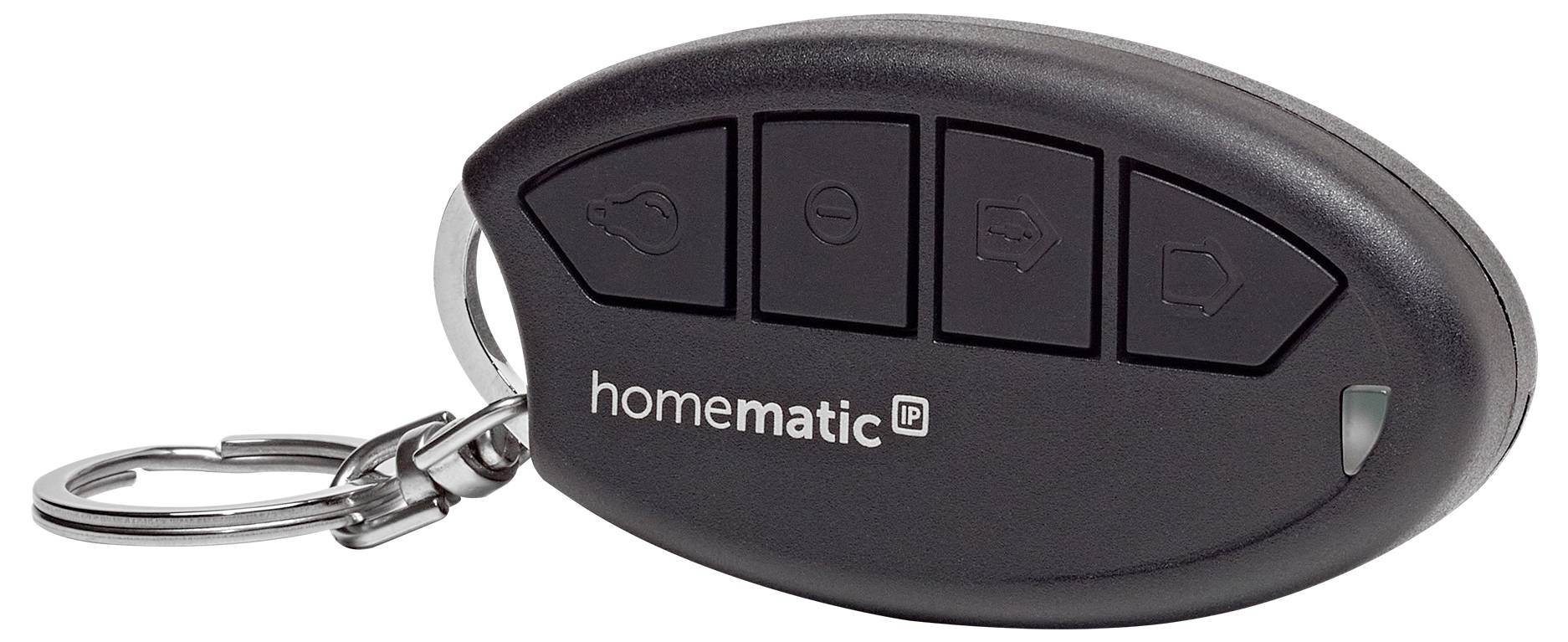 Schwarze Homematic IP Fernbedienung mit Schlüsselanhänger und vier erhabenen Tasten zur Haussteuerung.