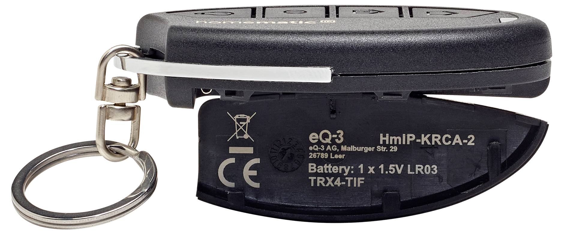 Schwarzer Schlüsselanhänger-Fernbedienung mit Schlüsselring, gekennzeichnet mit „eQ-3" und „HmIP-KRCA-2", zeigt Batteriefach und CE-Zeichen.