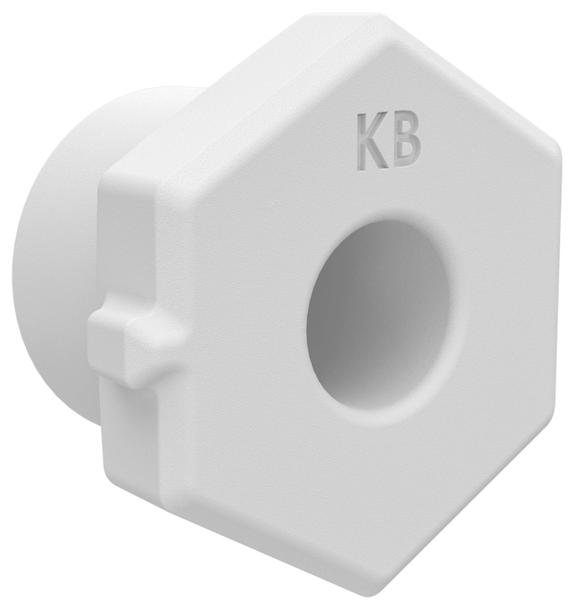 Weiße 3D-Kunststoffkappe mit sechseckiger Form, zentralem rundem Loch und geprägtem "KB" auf der Vorderseite, in Nahaufnahme auf weißem Hintergrund gezeigt.
