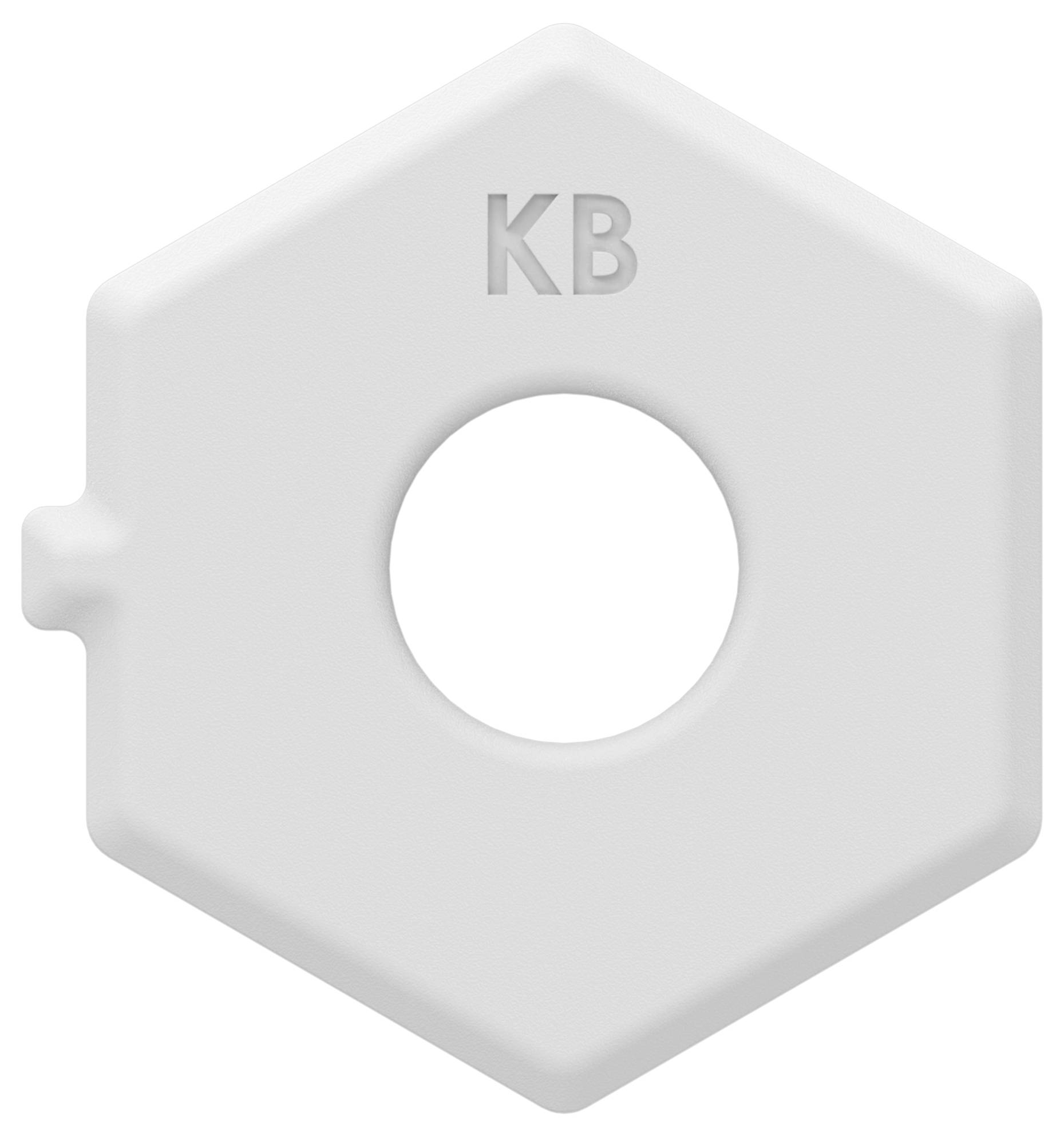Weiße sechseckige Kunststoff-Tastkappe mit der Beschriftung "KB", mit einem zentralen kreisförmigen Loch und einer kleinen seitlichen Lasche auf der linken Seite.