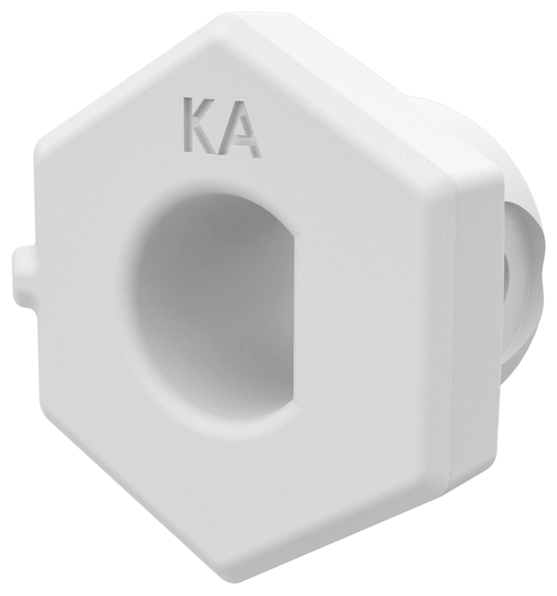 Weißer sechseckiger Kunststoffadapter oder Buchse mit einem kreisförmigen mittleren Loch und geprägten "KA" oben, dargestellt vor einem einfachen Hintergrund.