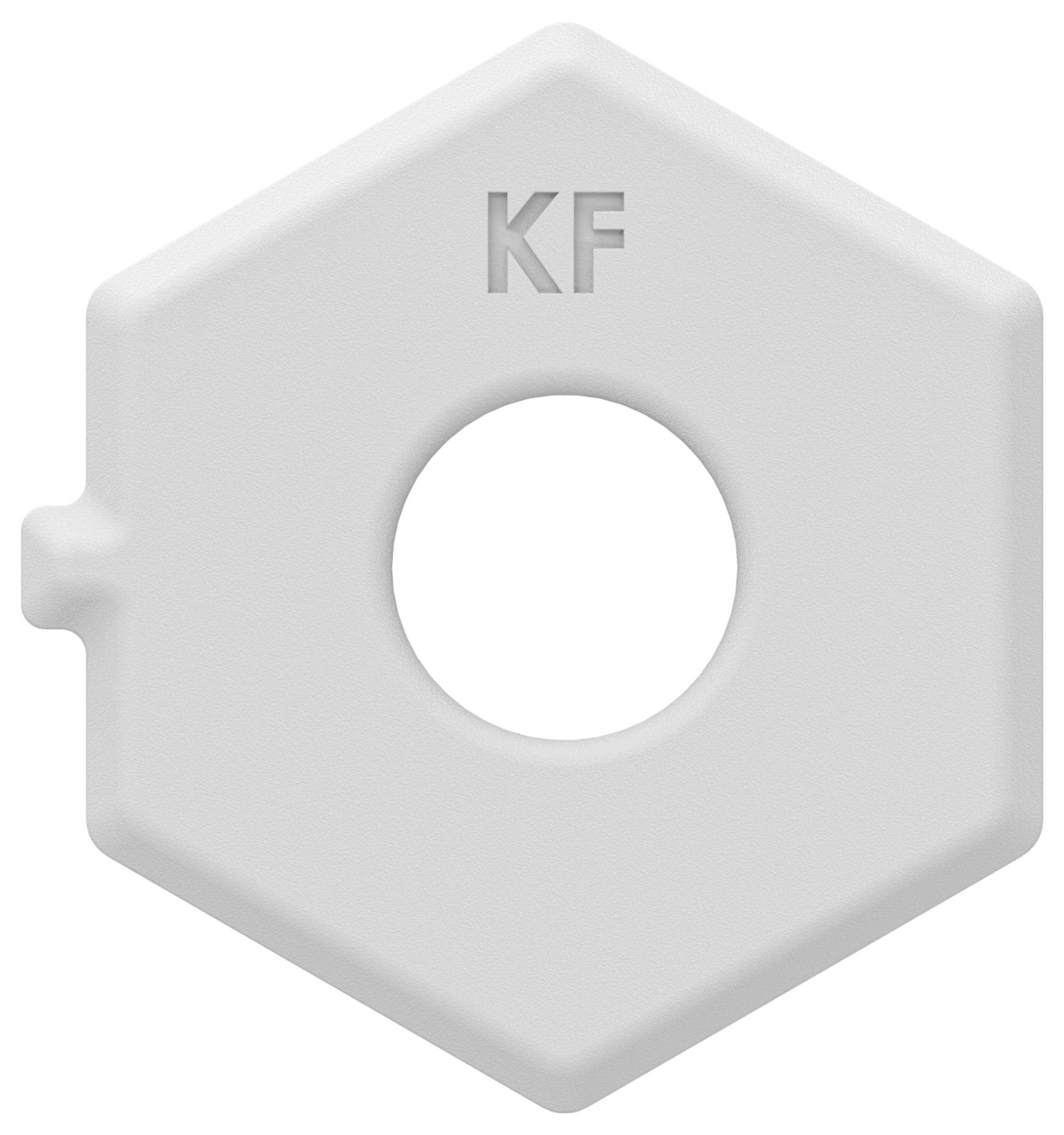 Grauer sechseckiger Kunststoffdeckel mit zentraler Bohrung, oben mit „KF" gekennzeichnet.