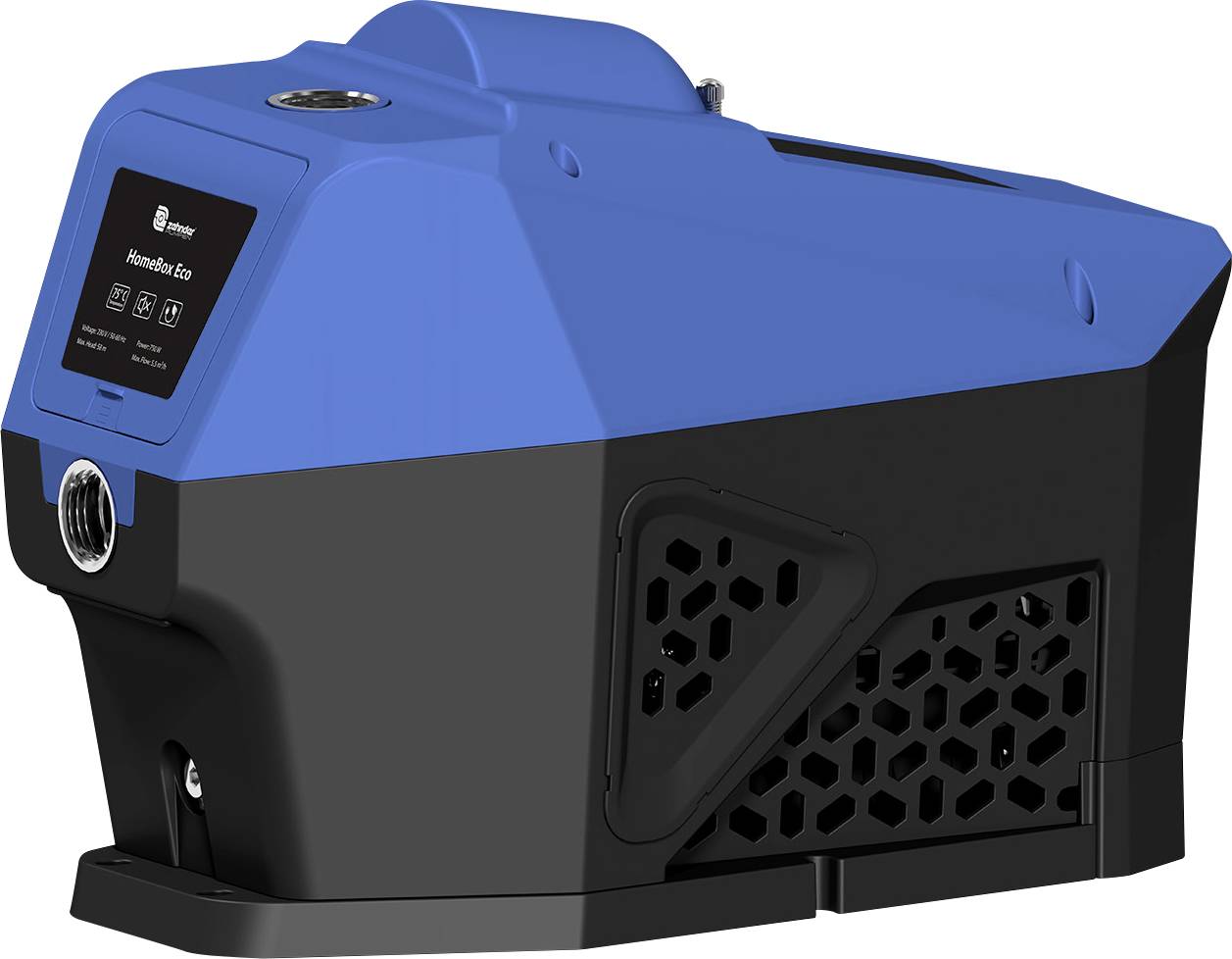 Tragbare Maschine in Blau und Schwarz mit frontalem Display, seitlichen Lüftungsöffnungen und oberen Griff, isoliert auf weißem Hintergrund dargestellt.