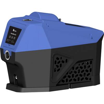 Blaue und schwarze Industriemaschine mit Bedienfeld und Lüftungsgittern, in Seitenansicht auf weißem Hintergrund dargestellt.