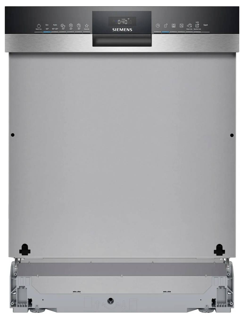 Vorderansicht einer Siemens-Spülmaschine mit entferntem unteren Panel, das den unteren internen Mechanismus und die Installationsbasis zeigt.