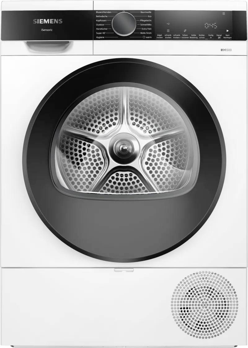 Vorderansicht eines Siemens-Frontlader-Trockners mit einer großen runden Tür und Bedienfeld oben.