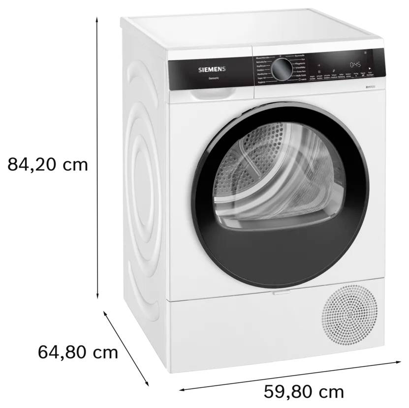 Frontlader-Wäschetrockner von Siemens mit den Abmessungen 84,20 cm Höhe, 59,80 cm Breite und 64,80 cm Tiefe.