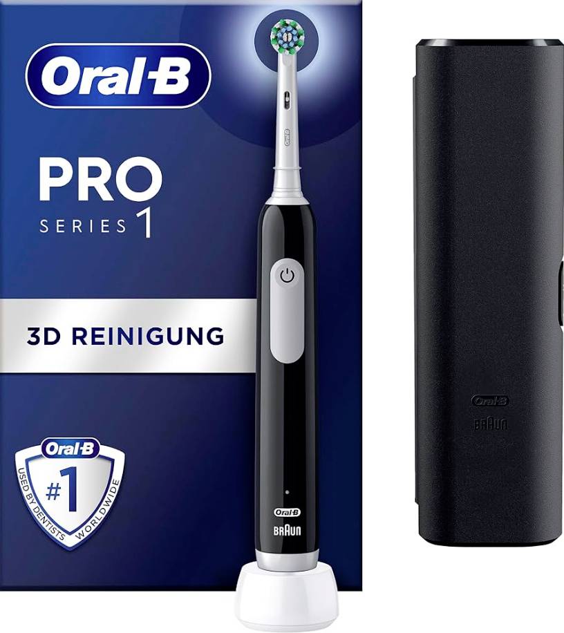 Oral-B Pro Series 1 elektrische Zahnbürste mit Ladegerät und Etui, gekennzeichnet mit „3D Reinigung" und „Nr. 1" Abzeichen.