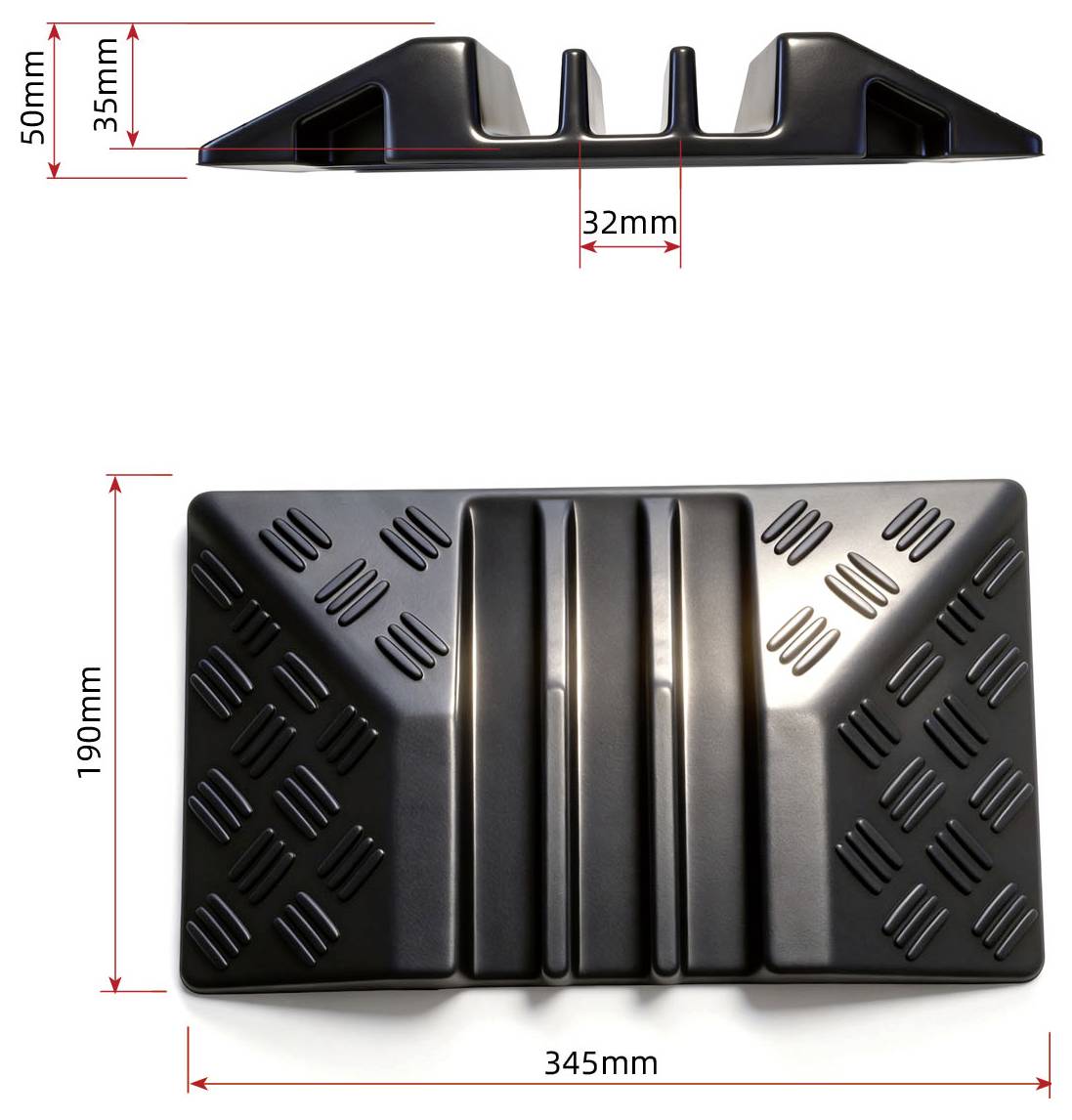 Technische Zeichnung eines schwarzen Kunststoff-Keils oder einer Radkeilklemme, die Seiten- und Draufsichten mit Abmessungen zeigt: 345 mm breit, 190 mm hoch, 50 mm maximale Höhe, 35 mm und 32 mm Abstand.
