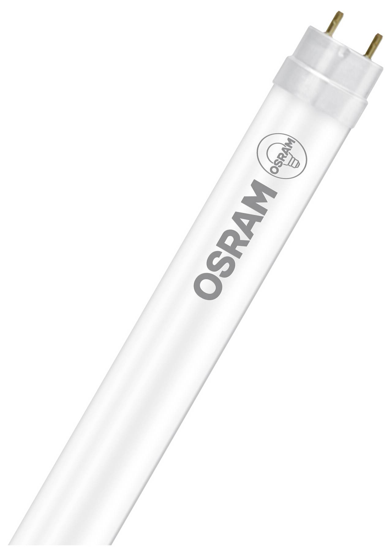 Eine weiße OSRAM-Leuchtstoffröhre mit zwei Metallstiften an einem Ende auf einem einfachen weißen Hintergrund.