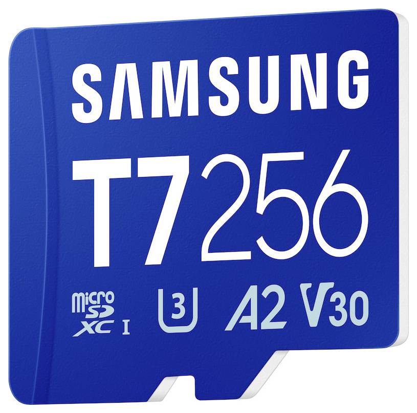 Blaue Samsung T756 microSD-Karte mit den Aufschriften „SAMSUNG" und „T756", mit U3-, A2- und V30-Geschwindigkeitsklassen-Markierungen.