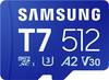 Samsung T7 microSDXC-Karte Retail 512 GB UHS-I U3, A2 Application Performance Class, Class 10, v30 Video Speed Class