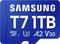 Samsung T7 1TB blau microSD-Karte mit U3, A2 und V30 Geschwindigkeitsbewertungen.